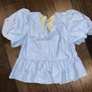 Peach Love California Light Blue Puff Sleeve Peplum Top with Multicolor Beads